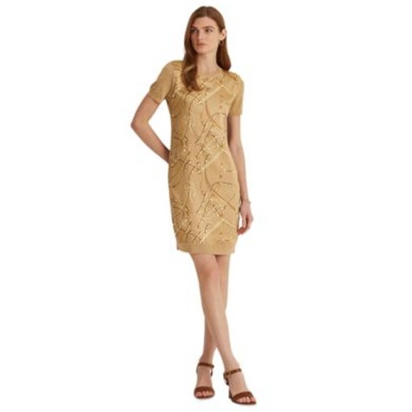 Lauren Ralph Lauren Women's Tan Beige Equestrian Print Sweater Dress